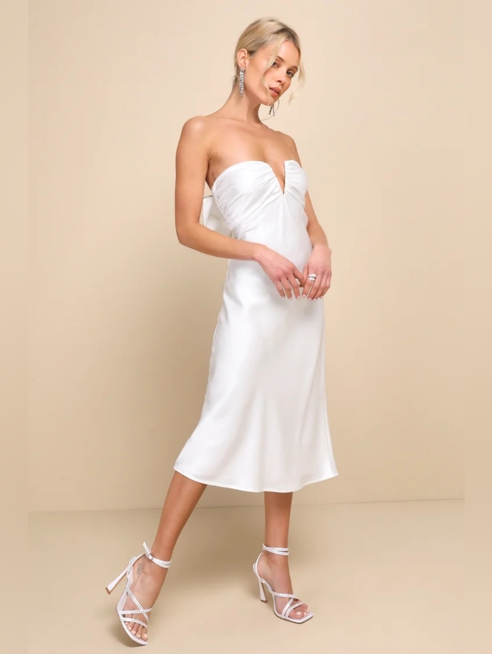 Lulus Luxe Crush White Satin Rhinestone Bow Strapless Midi Dress XL Wedding - Picture 2 of 11